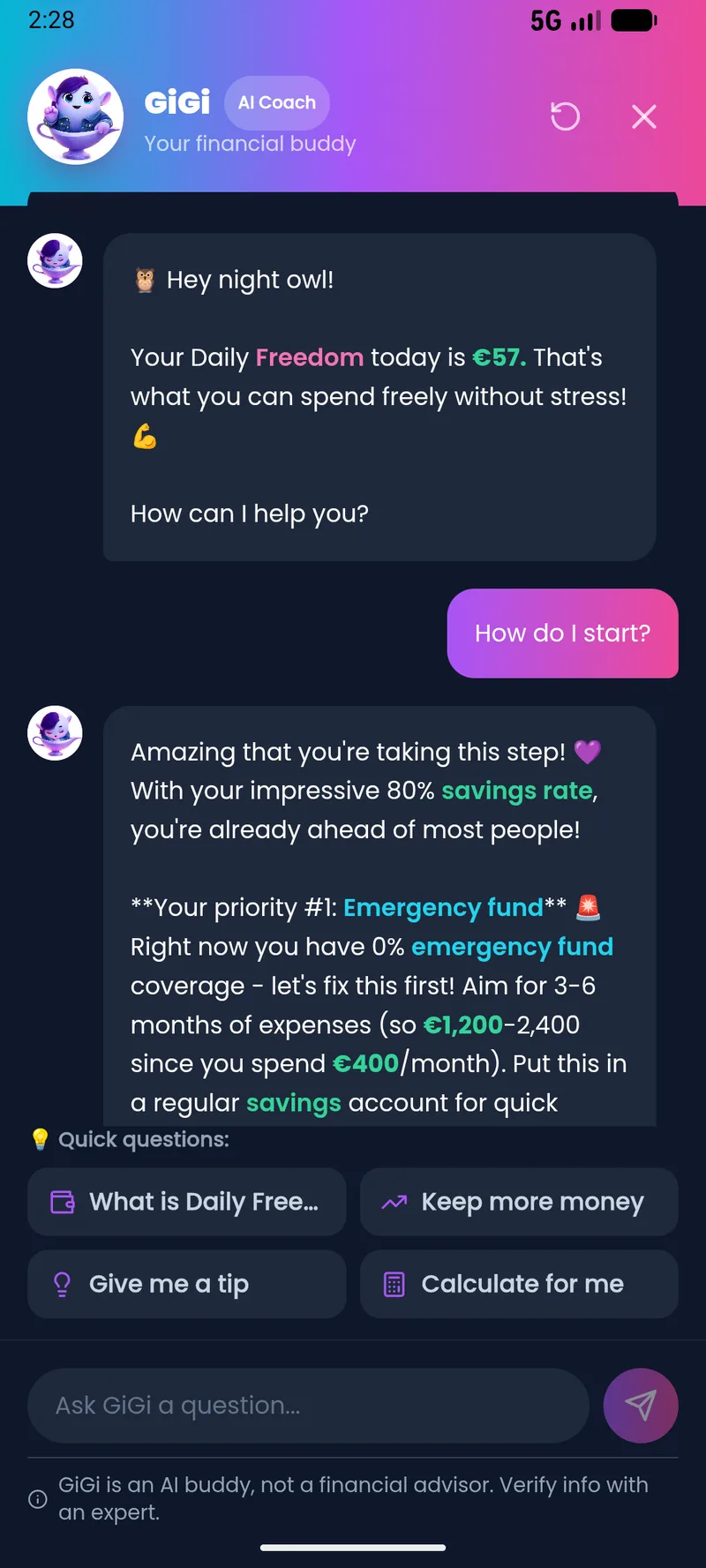 AI-coach gesprek over dagbudget en noodbuffer