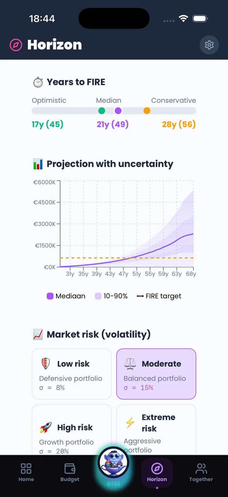 FIRE projectie met onzekerheidsbanden
