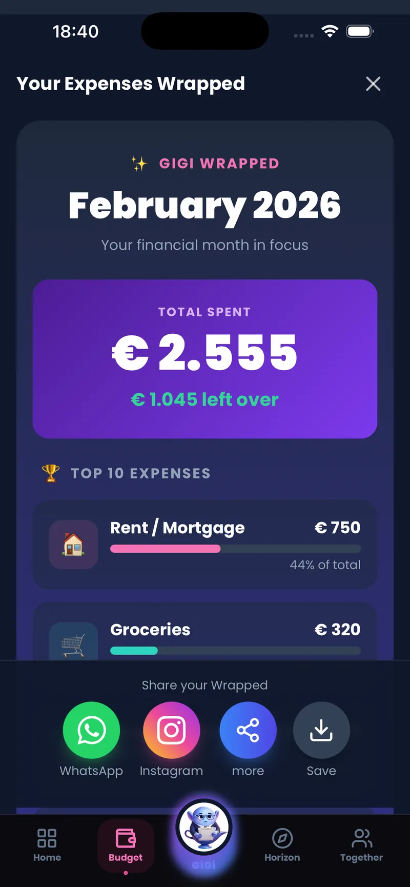 GiGi Wrapped — maandoverzicht deelbaar via social